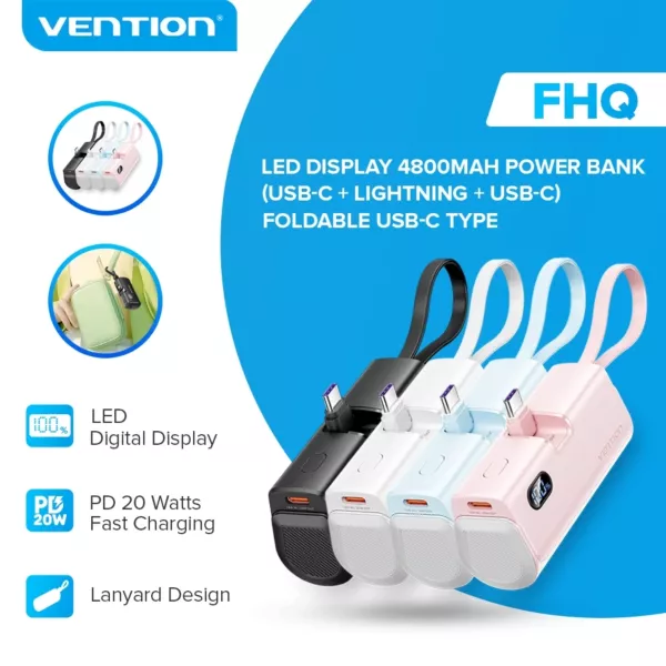 Vention 22.5W LED Display 4800mAh USB-C Power Bank - Black
