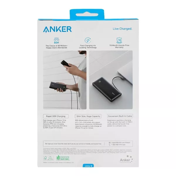 Anker Nano 20K 30W USB-C Cable Power Bank - Black