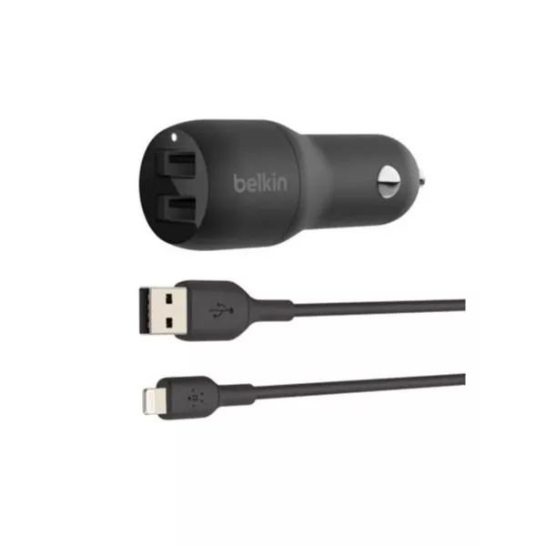 Belkin 24W Dual USB-A Port Car Charger and Lightning Cable 1m - أسود