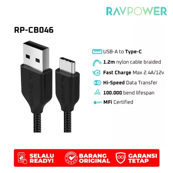 Ravpower Rp-CB046 USB-A - USB-C (1m) Cable - Black