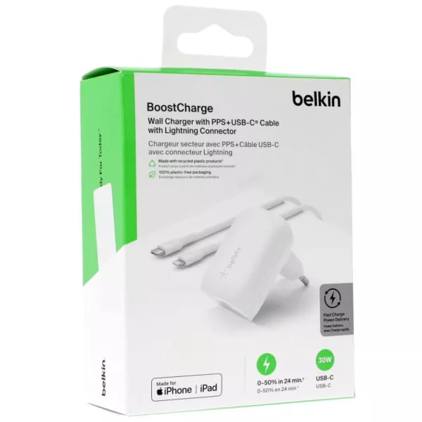 Belkin 30W PD BoostCharge USB-C Cable + Wall Charger - White