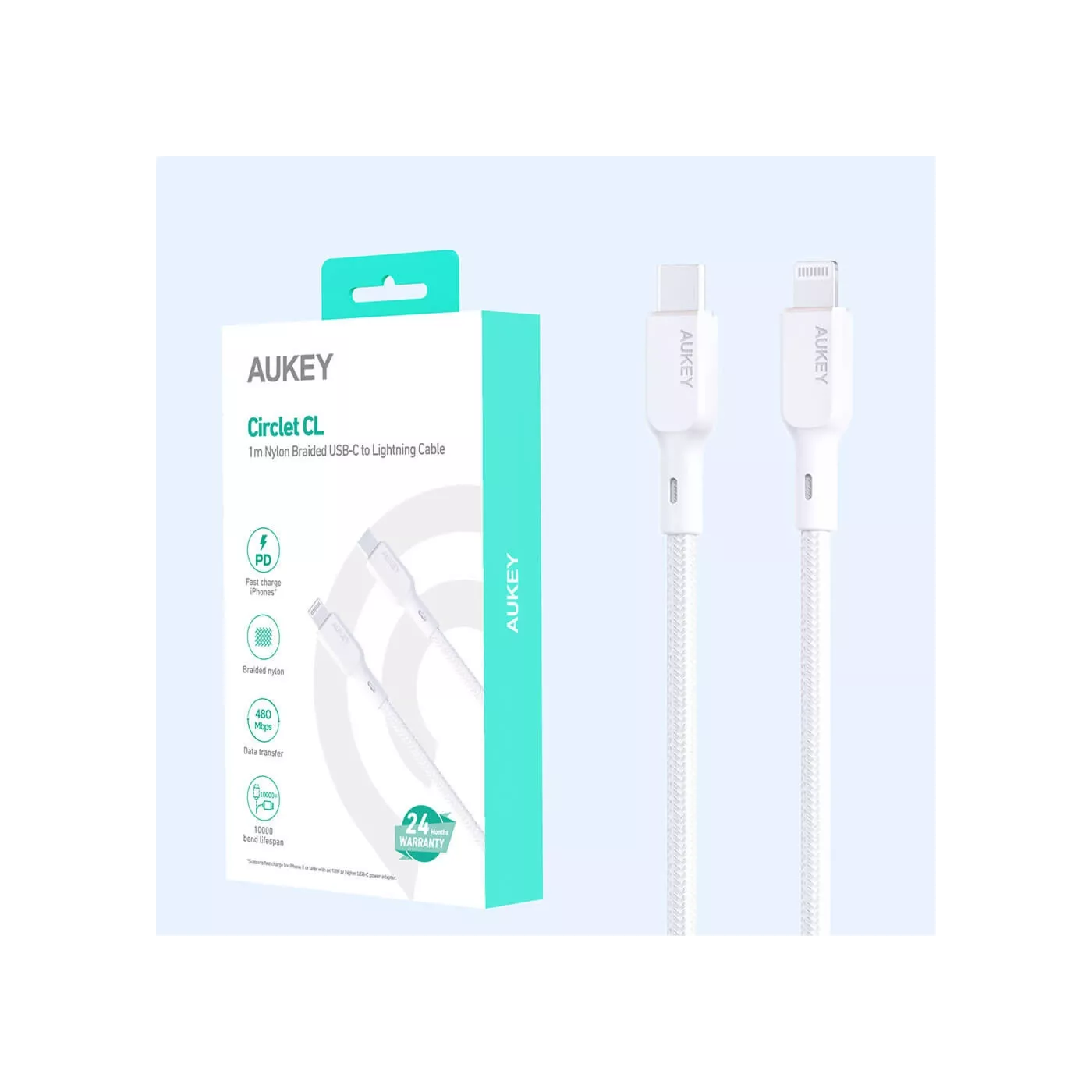 Aukey Nylon Lightning (1.8m) Braided Cable - White