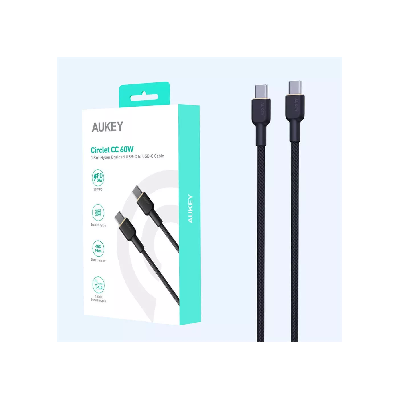 Aukey Nylon USB-C to USB-C (1.8m) Braided Cable - Black