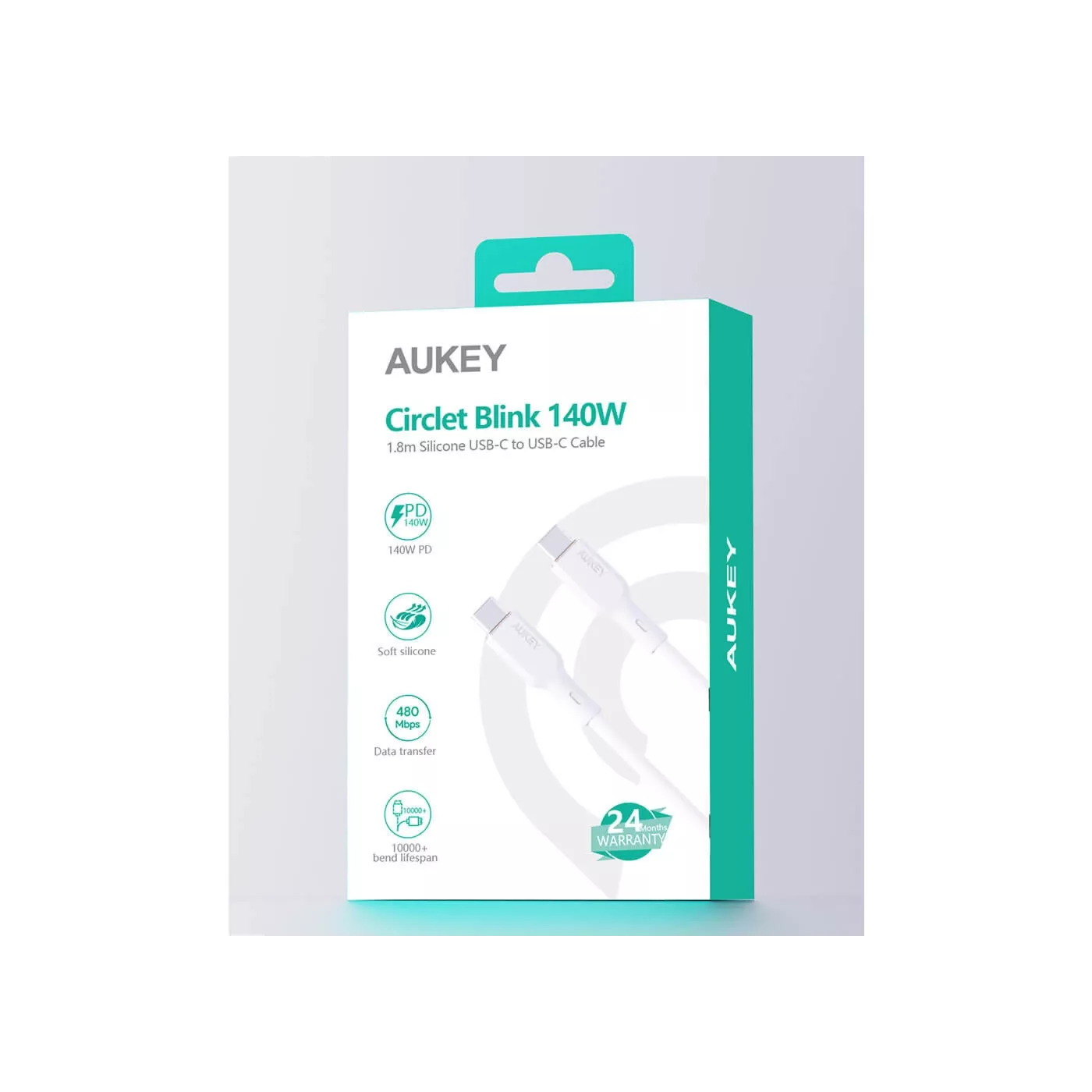 Aukey Silicone USB-C to USB-C 140W (1.8m) Cable - White