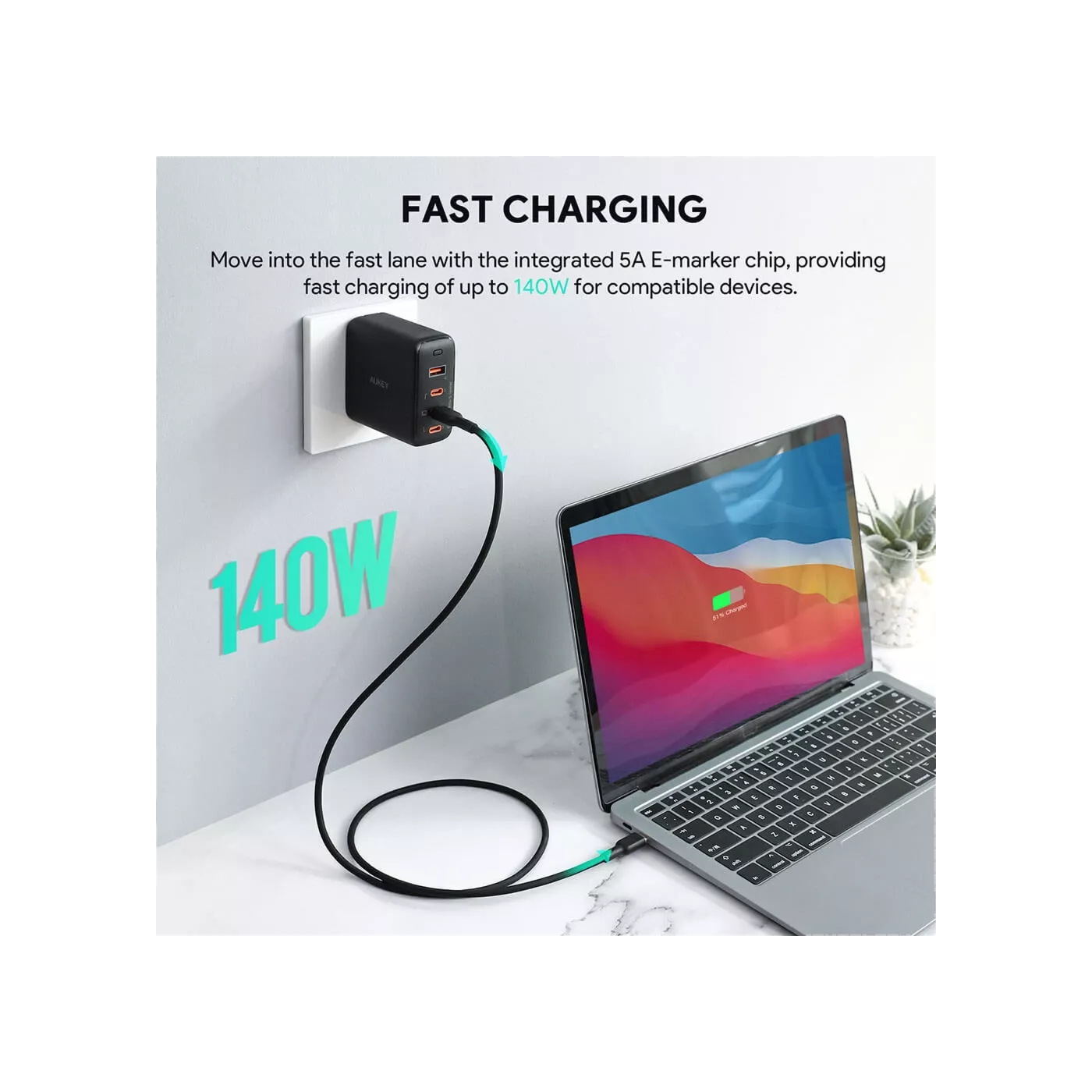 Aukey Silicone USB-C to USB-C 140W (1.8m) Cable - White