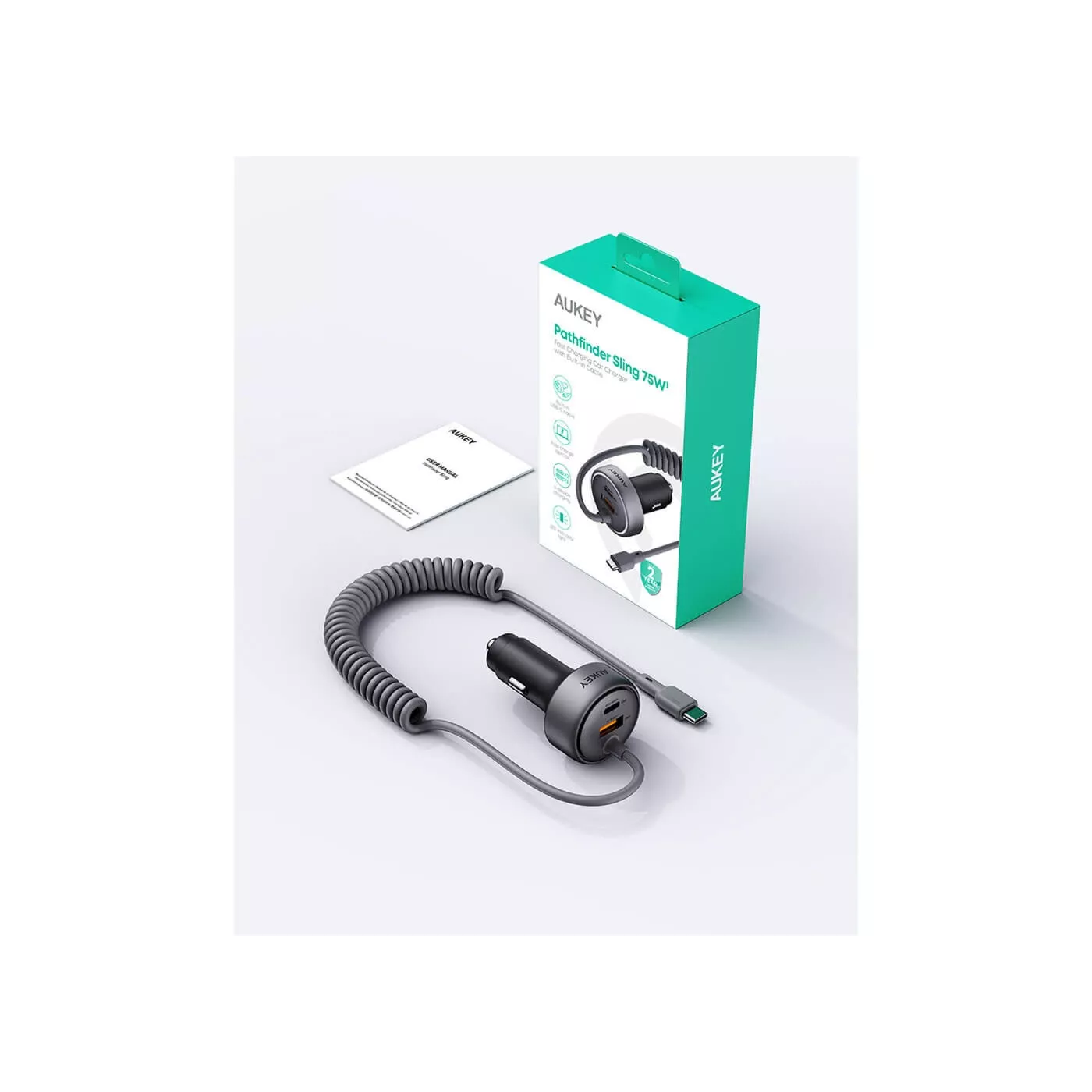 Aukey Pathfinder Sling 72W Car Charger Builtin Cable - Gray