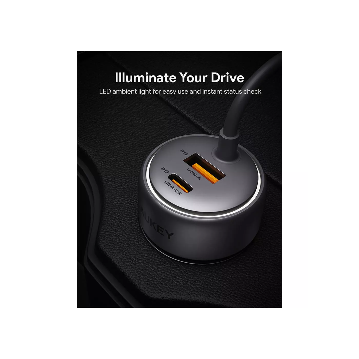 Aukey Pathfinder Sling 72W Car Charger Builtin Cable - Gray