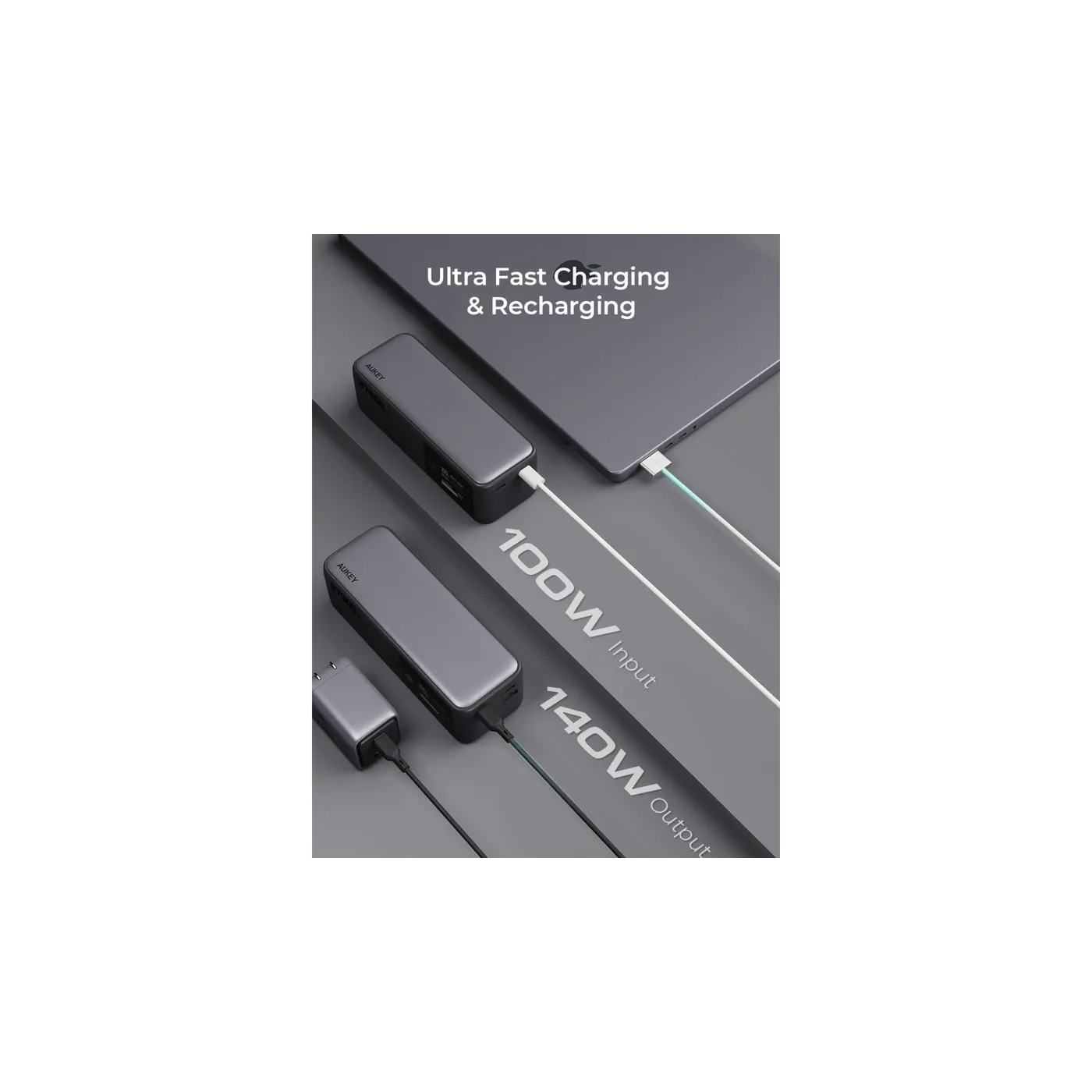 Aukey Spark Mega بطارية متنقلة 1USBA 2USBC 27K - رمادي