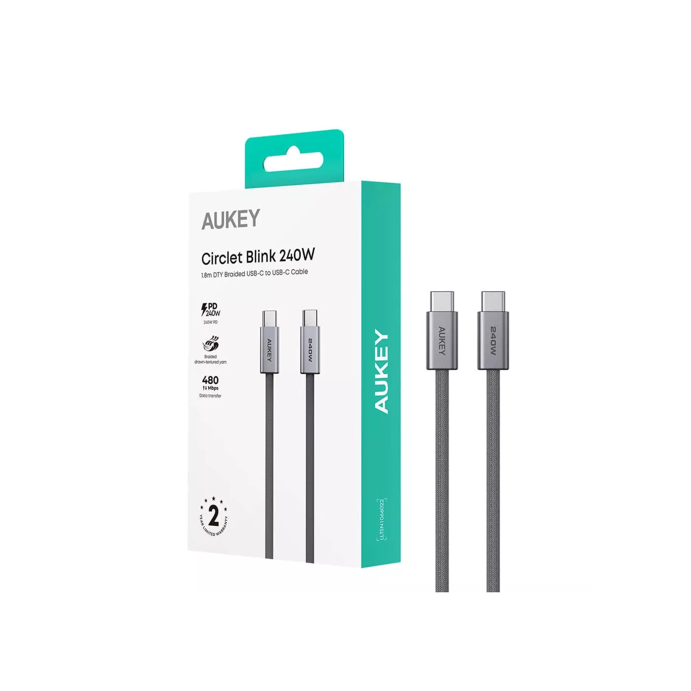 Aukey Circlet Blink USB-C to USB-C 240W (1.8m) Cable - Gray