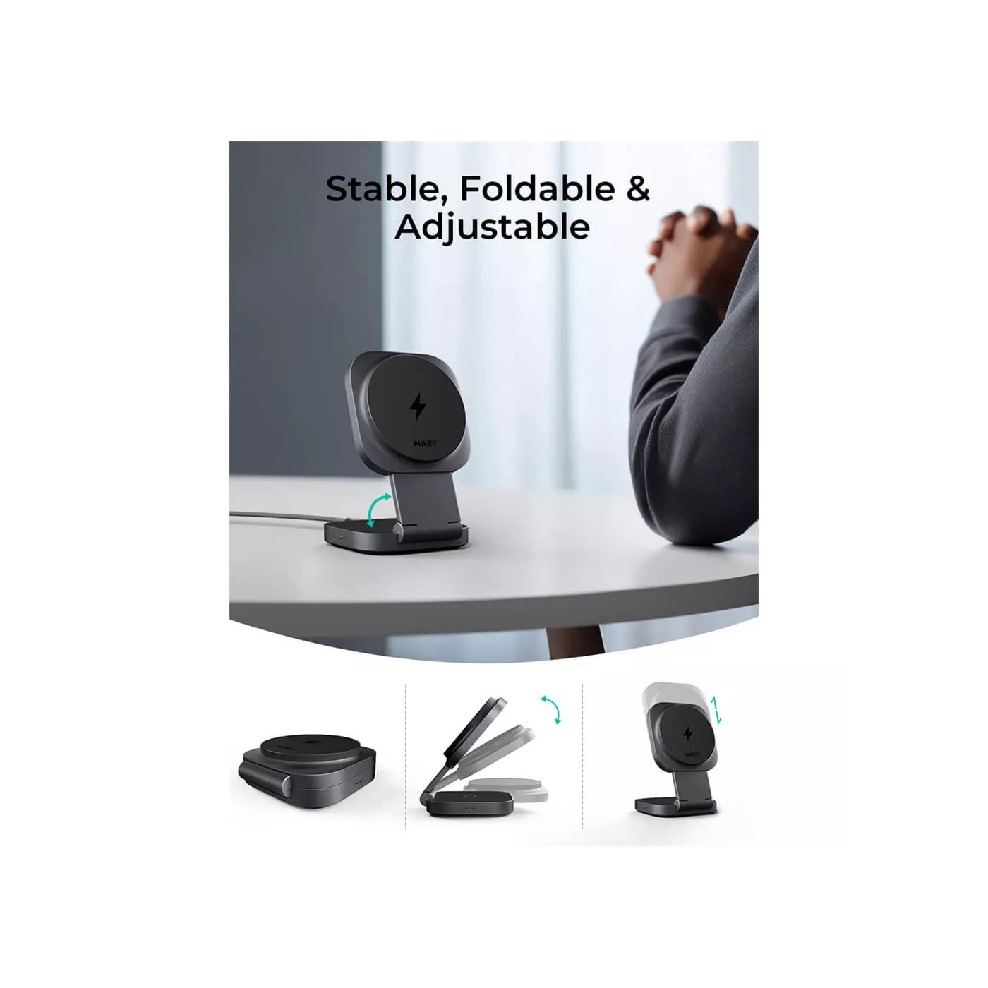 Aukey Magfusion Qi2 2in1 15W Foldable Charger - Gray