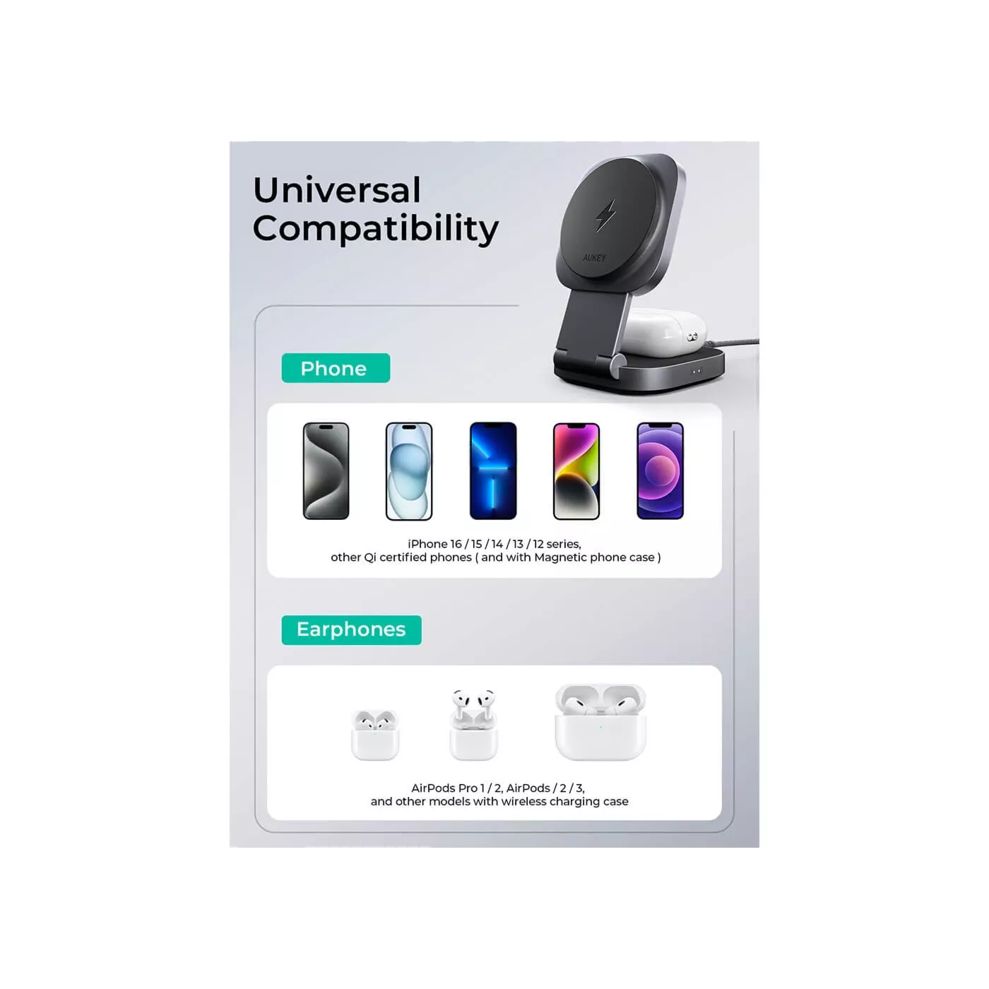 Aukey Magfusion Qi2 2in1 15W Foldable Charger - Gray