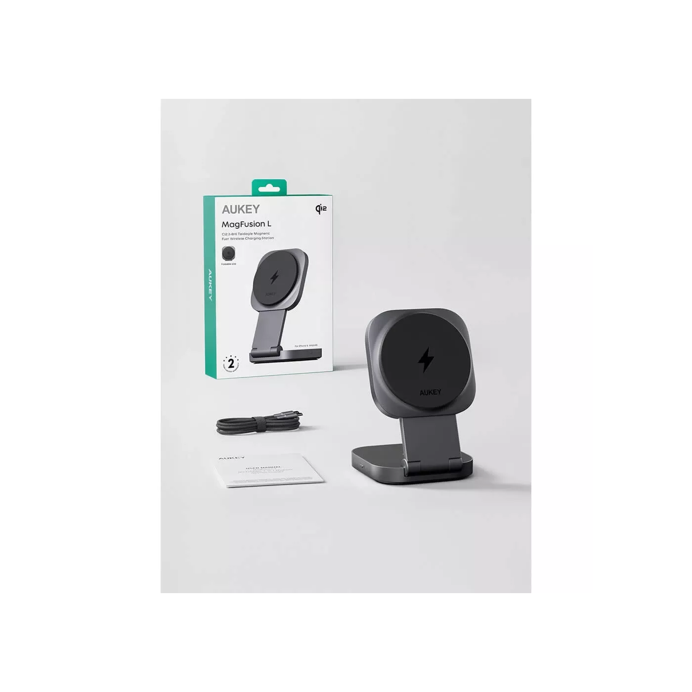 Aukey Magfusion Qi2 2in1 15W Foldable Charger - Gray