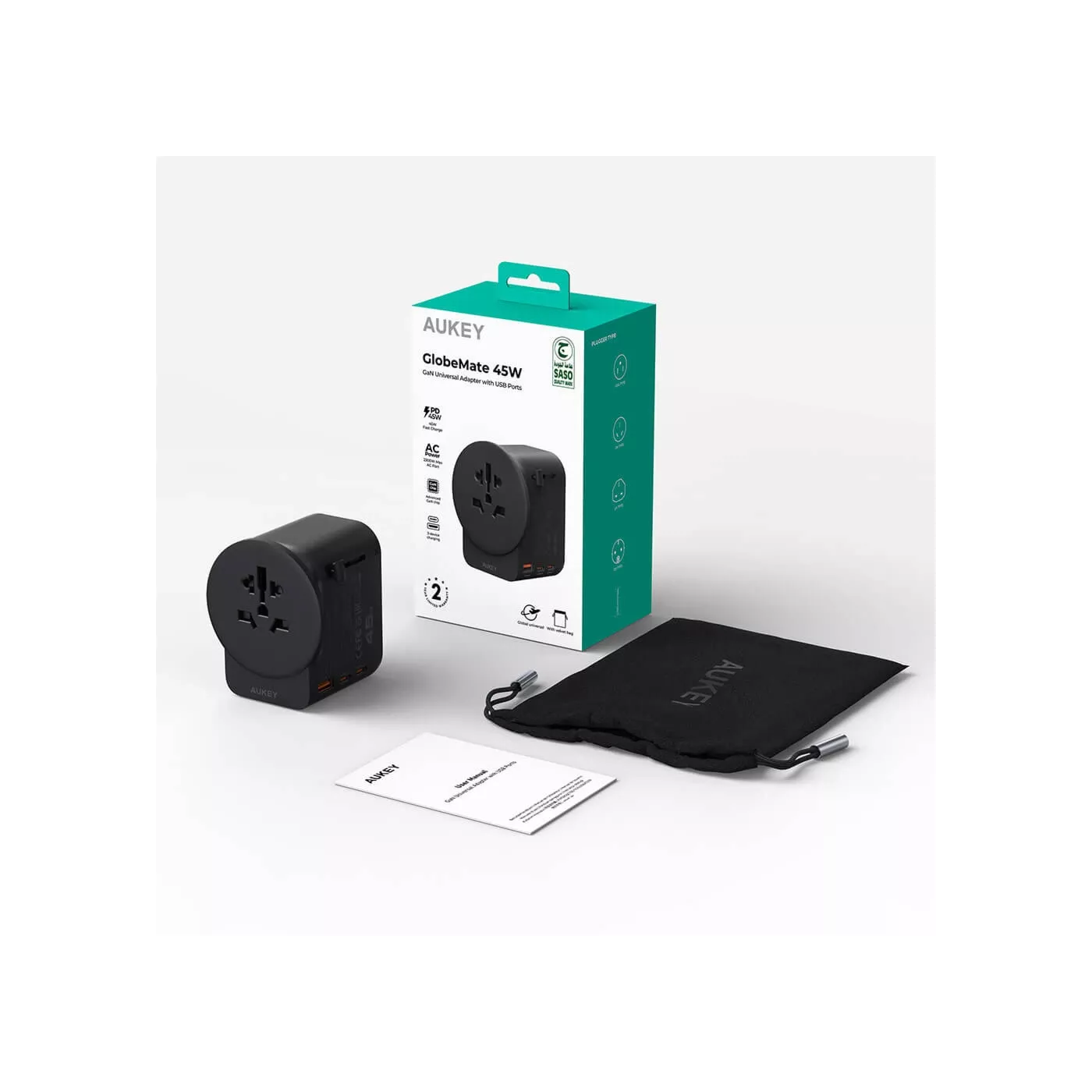 Aukey 45W GaN 1 USB-A 2 USB-C Universal Charger - Black