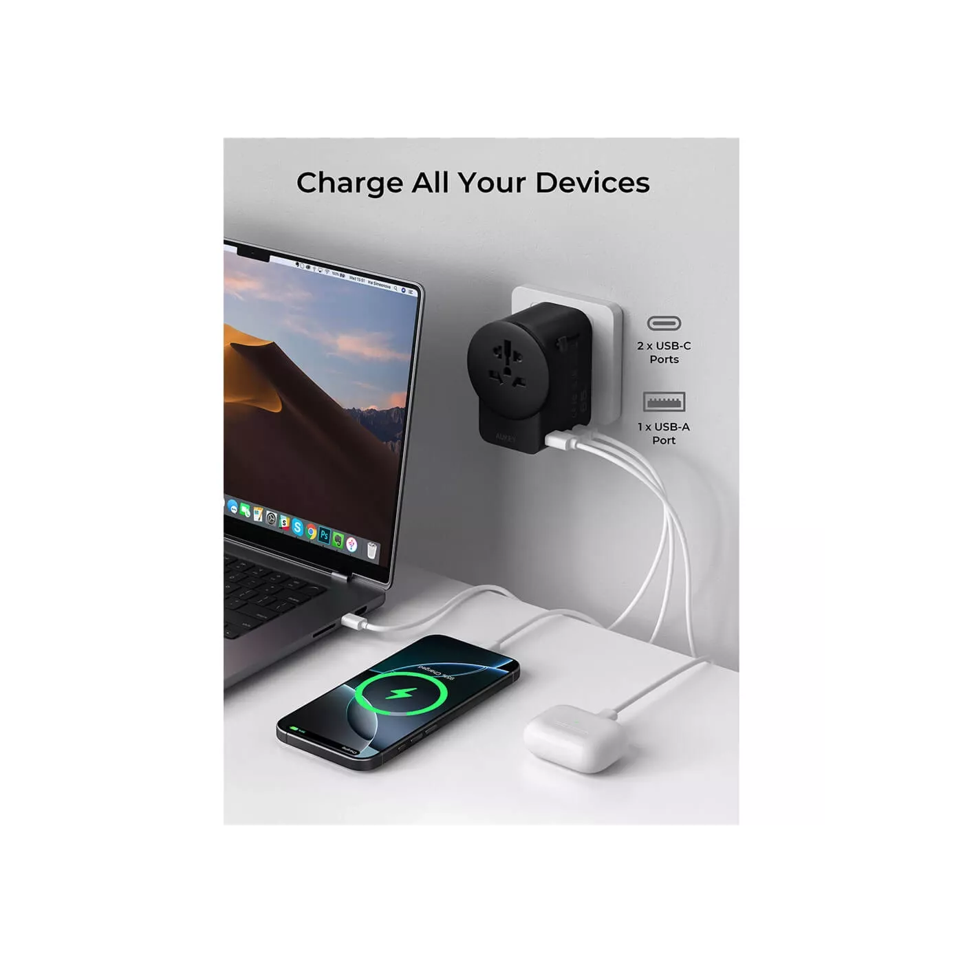 Aukey 65W GaN 1 USB-A 2 USB-C Universal Charger - Black