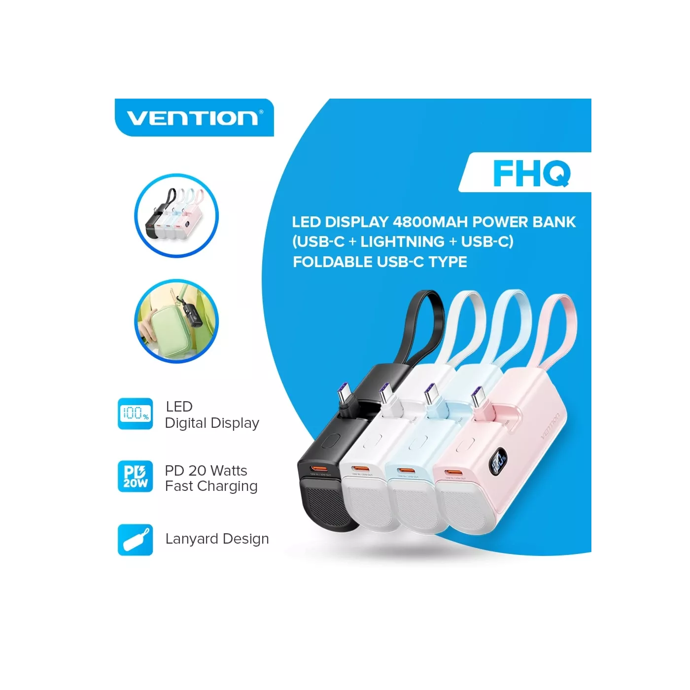 Vention 22.5W LED Display 4800mAh USB-C Power Bank - Black