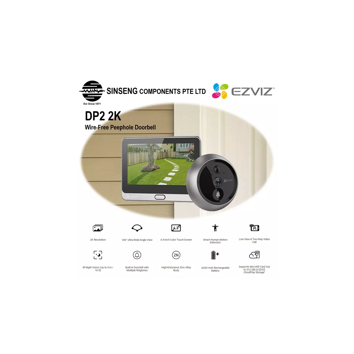 EZVIZ DP2 2K Wire-Free Peephole Doorbell