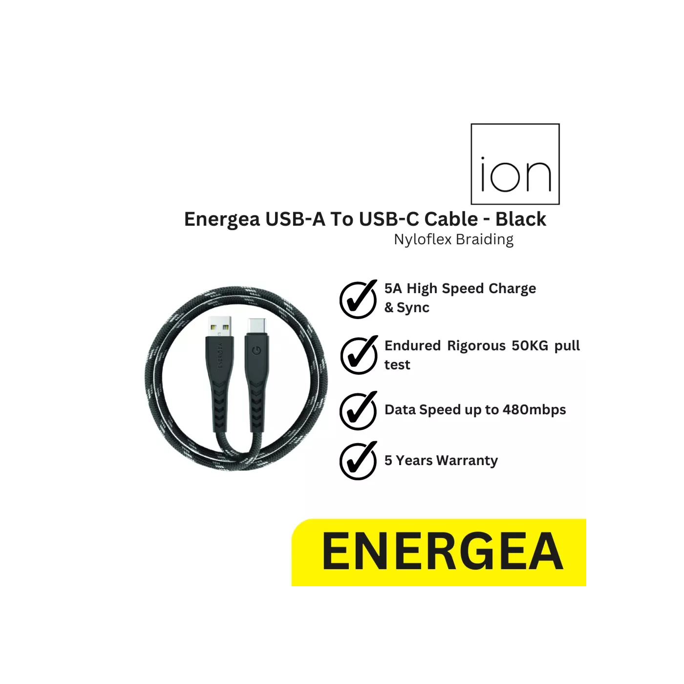 Energea Nyloflex USB-A to USB-C (1.5m) Universal Cable - Black