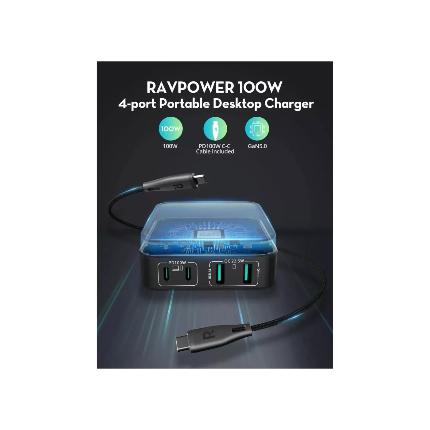 Ravpower PD 120W 4 Port 100W Cable Port Charger - Black