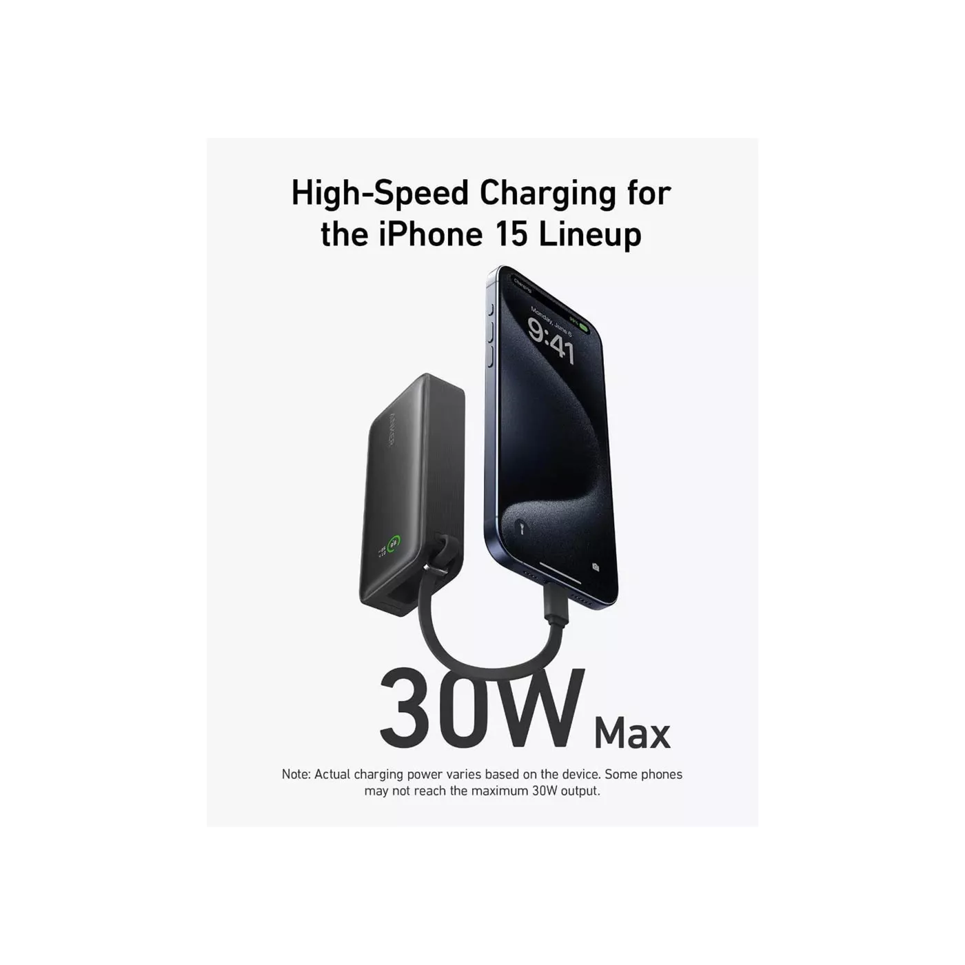 Anker Nano 30W Built-in USB-C Cable 10K PD Power Bank - Black