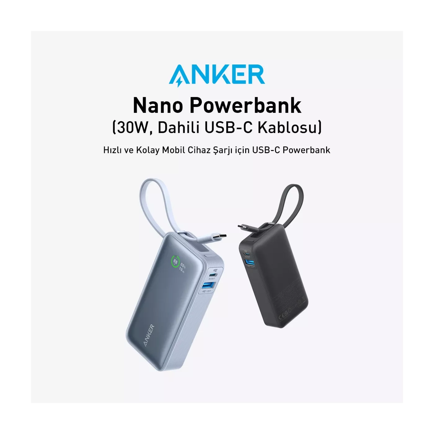 Anker Nano 20K 30W USB-C Cable Power Bank - Black