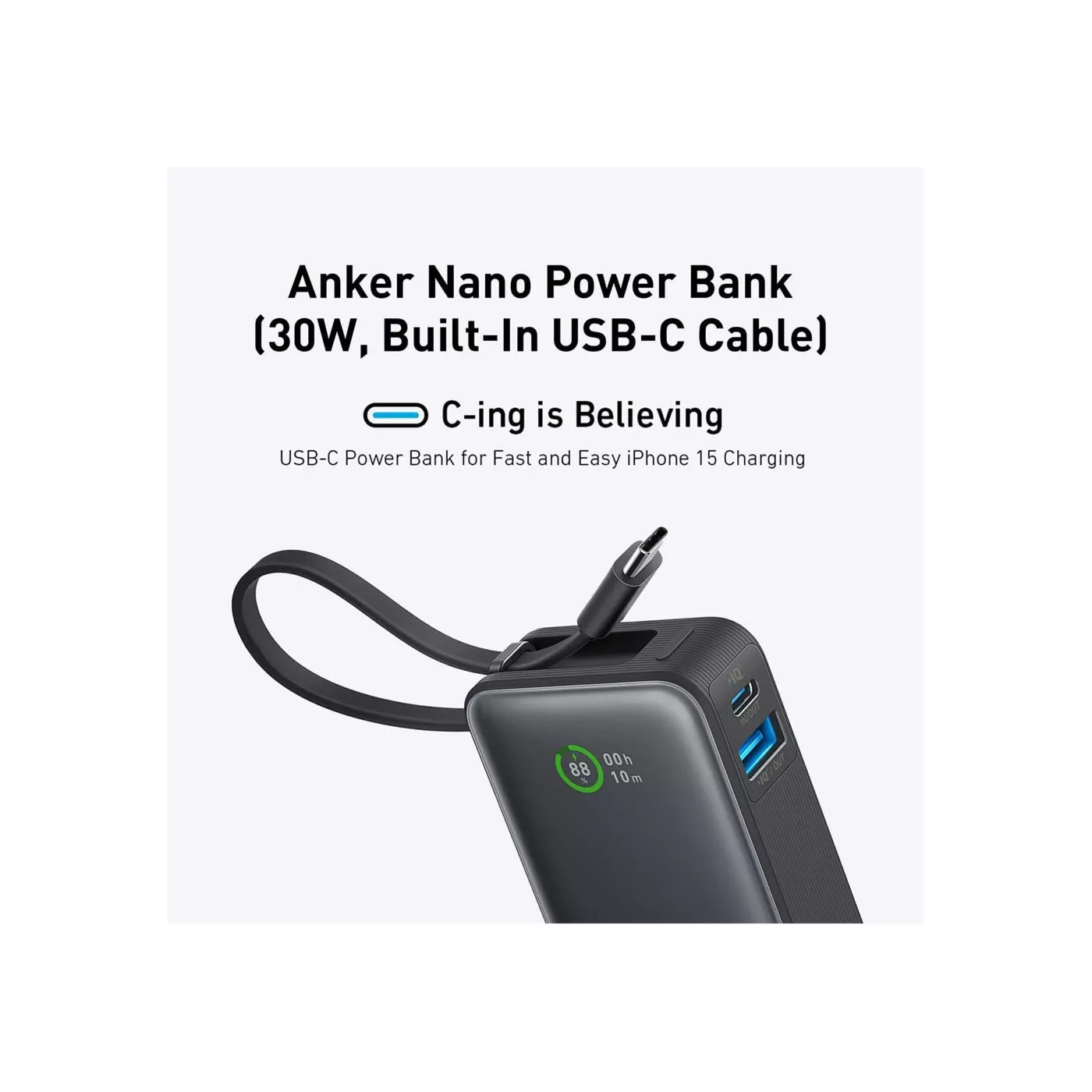 Anker Nano 20K 30W USB-C Cable Power Bank - Black