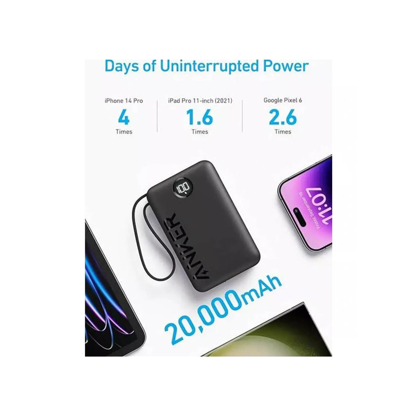 Anker 355 20K 22W PD USB-C Power Bank Built-in Cable - Black