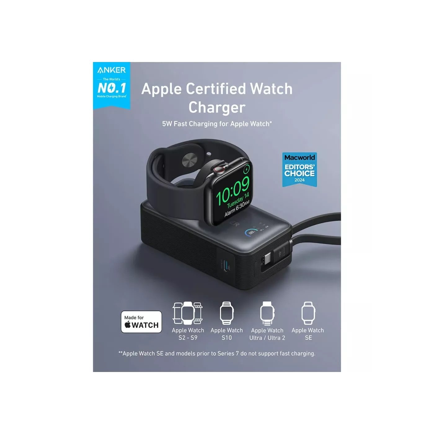 Anker Maggo 35W Built-in USB-C Apple Watch 10K Power Bank - Black
