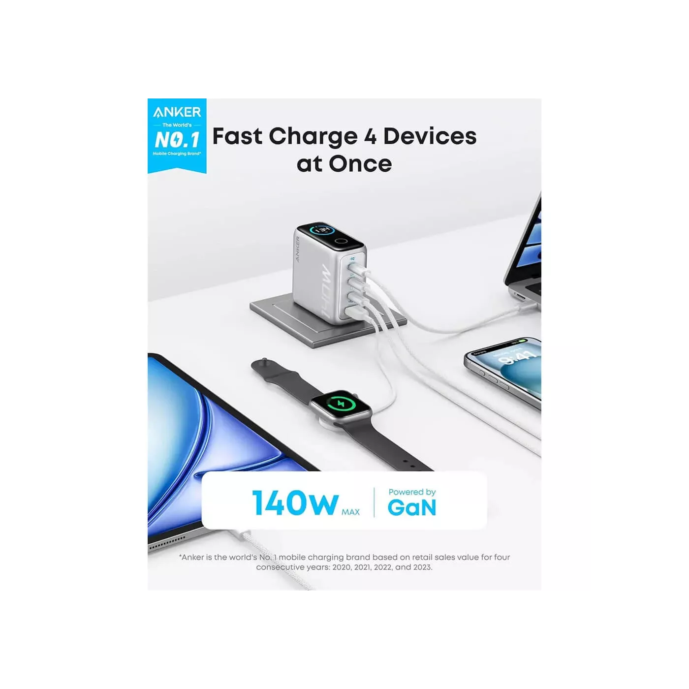 Anker 140W 4Ports PD 3.1 USB-C Cable Charger - Silver