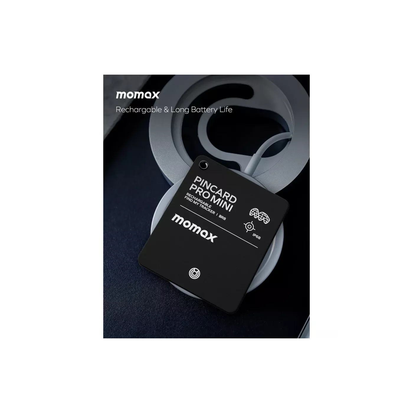 Momax PinCard Pro Mini Rechargeable Tracker - Black