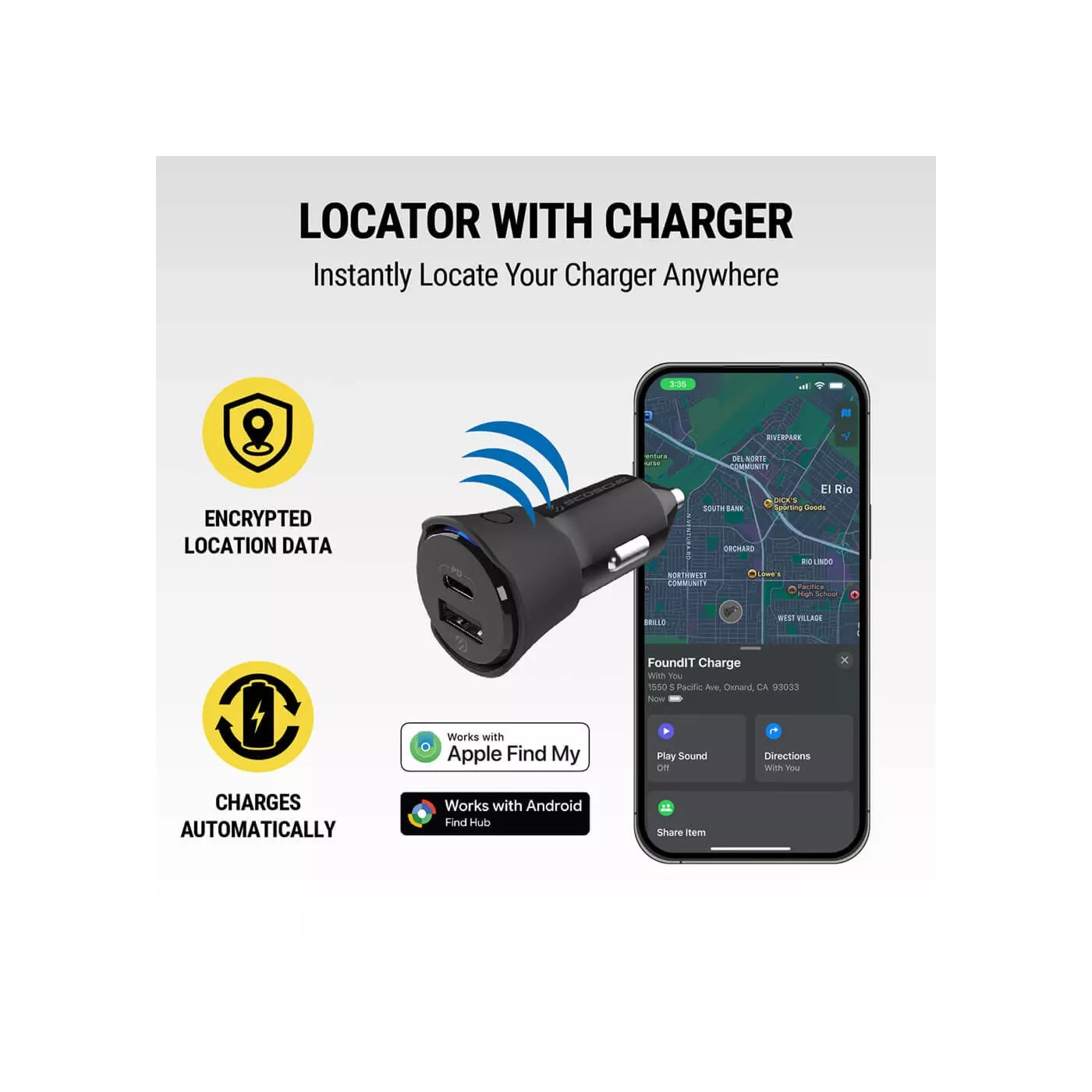 Scosche FoundIT 32W USB-C USB-A Car Charger & Locator - Black