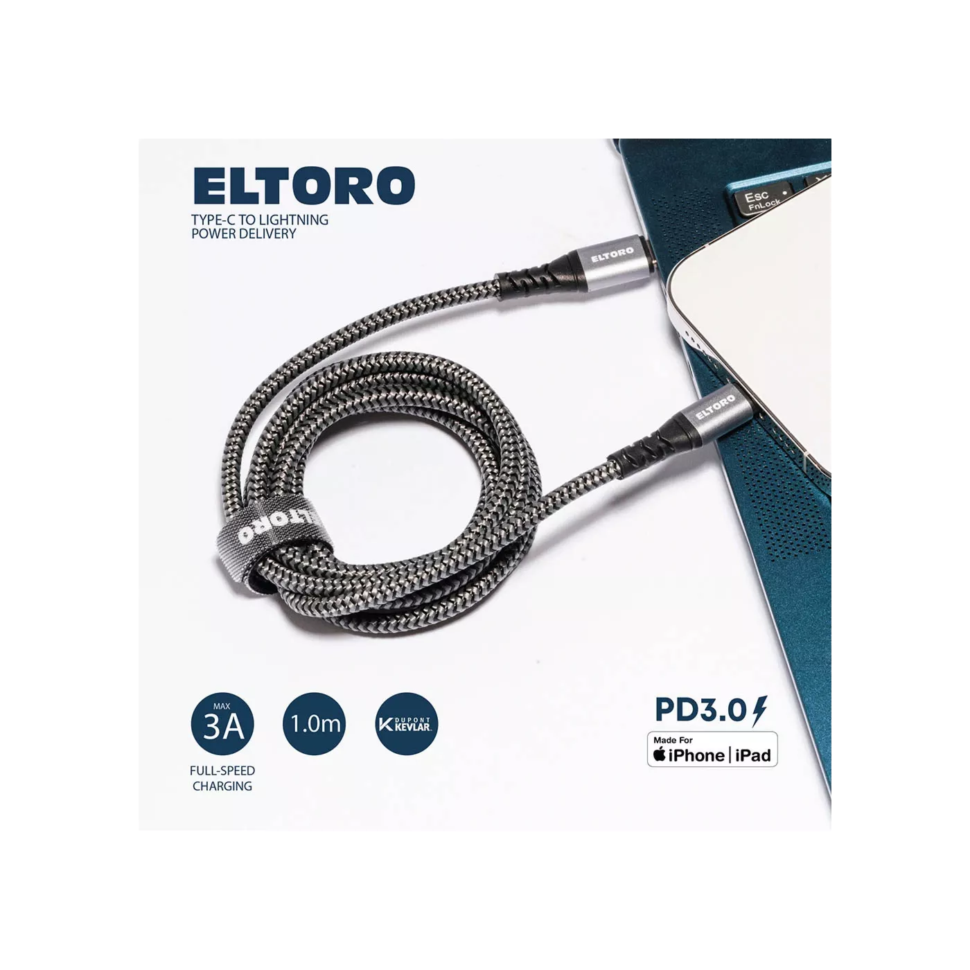 ElToro USB-C to Lightning Kevlar Cable (1.5m) - Gray