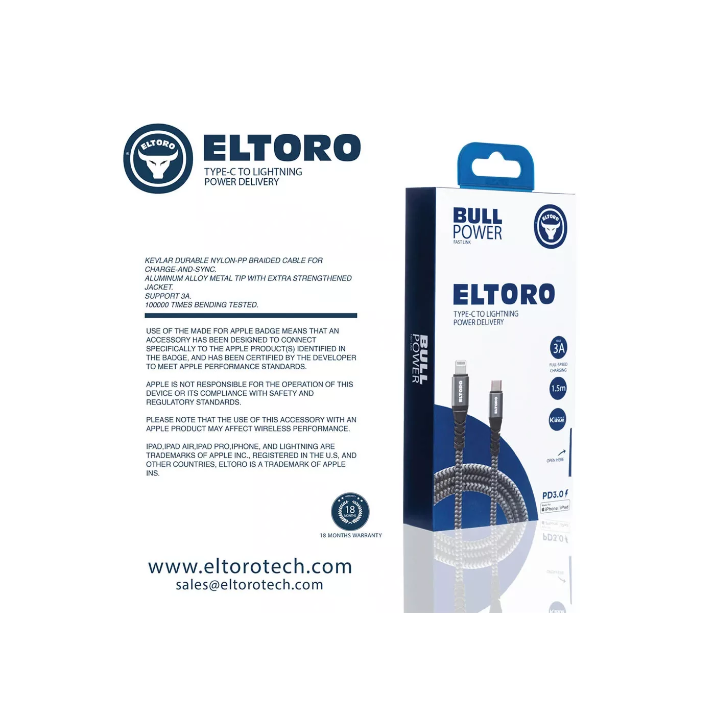 ElToro USB-C to Lightning Kevlar Cable (1.5m) - Gray