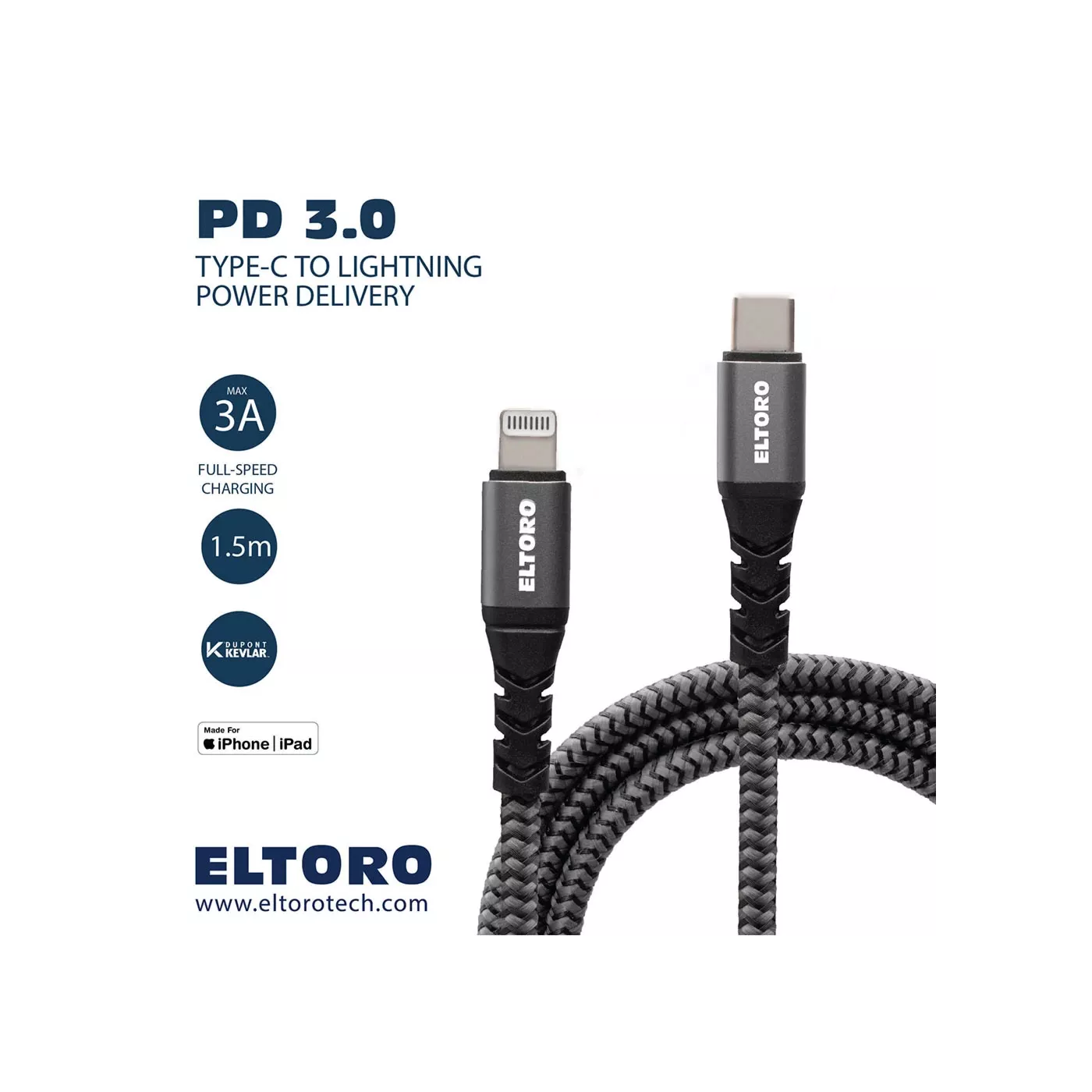 ElToro USB-C to Lightning Kevlar Cable (1.5m) - Gray
