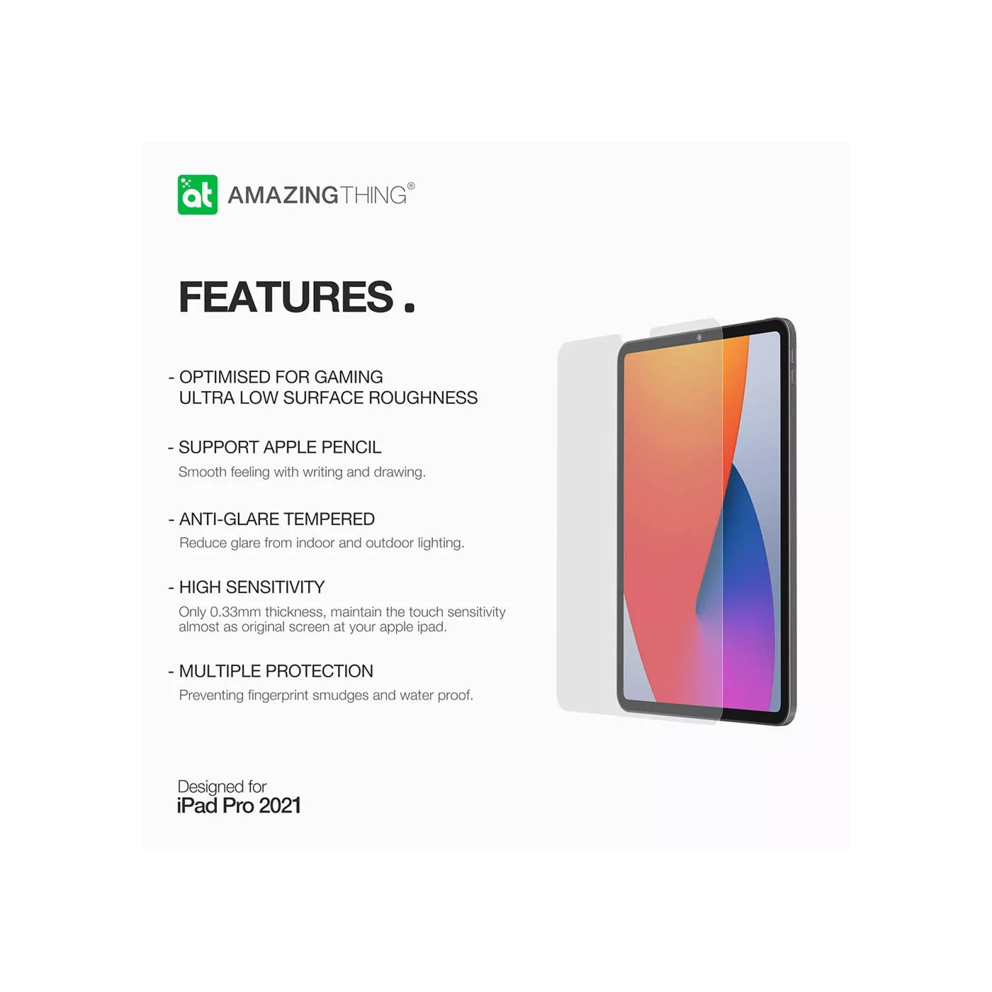 لاصقة حماية شاشة زجاج مقوى AT متوافق مع iPad Pro 12.9" 2021 - غير لامع