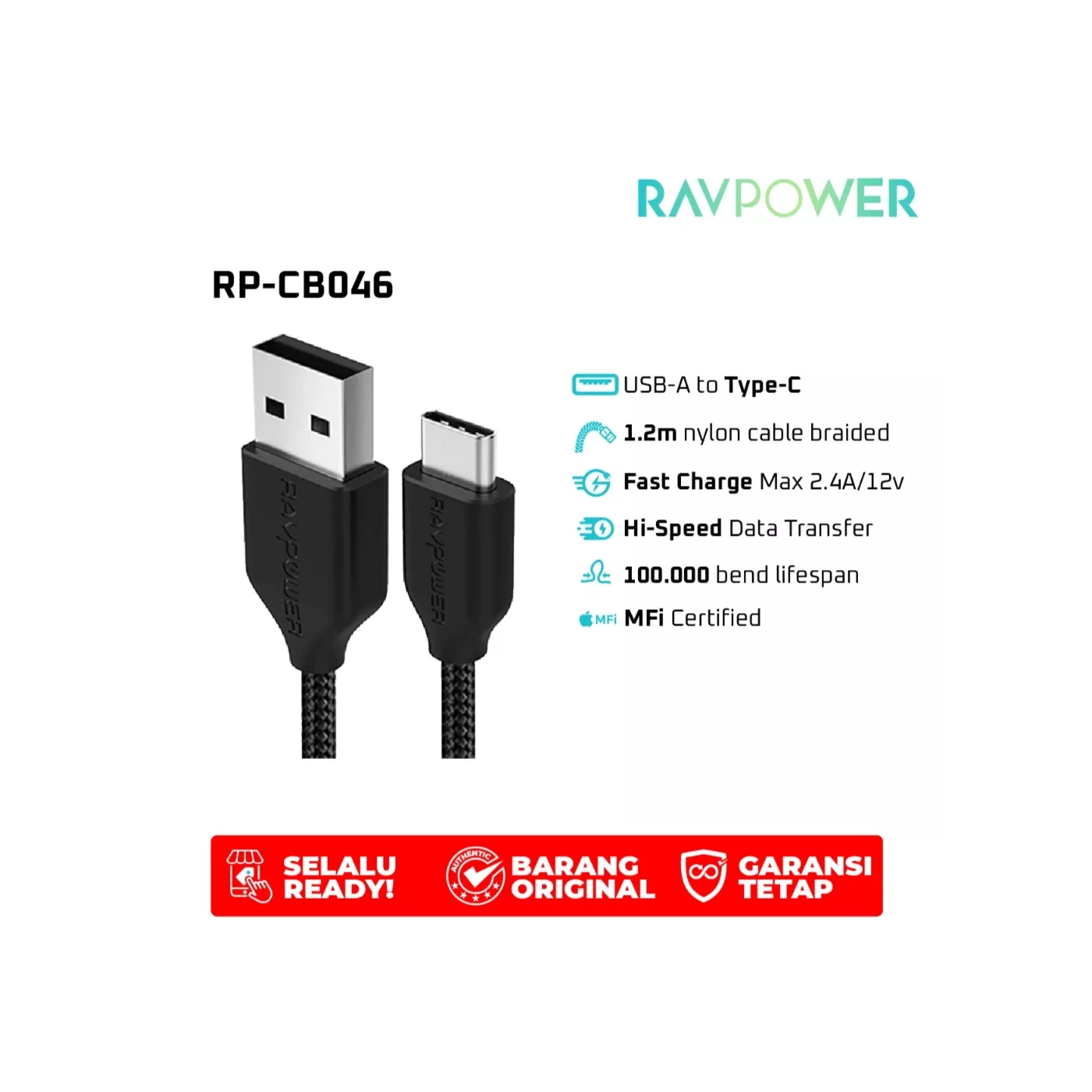 Ravpower Rp-CB046 USB-A - USB-C (1m) Cable - Black