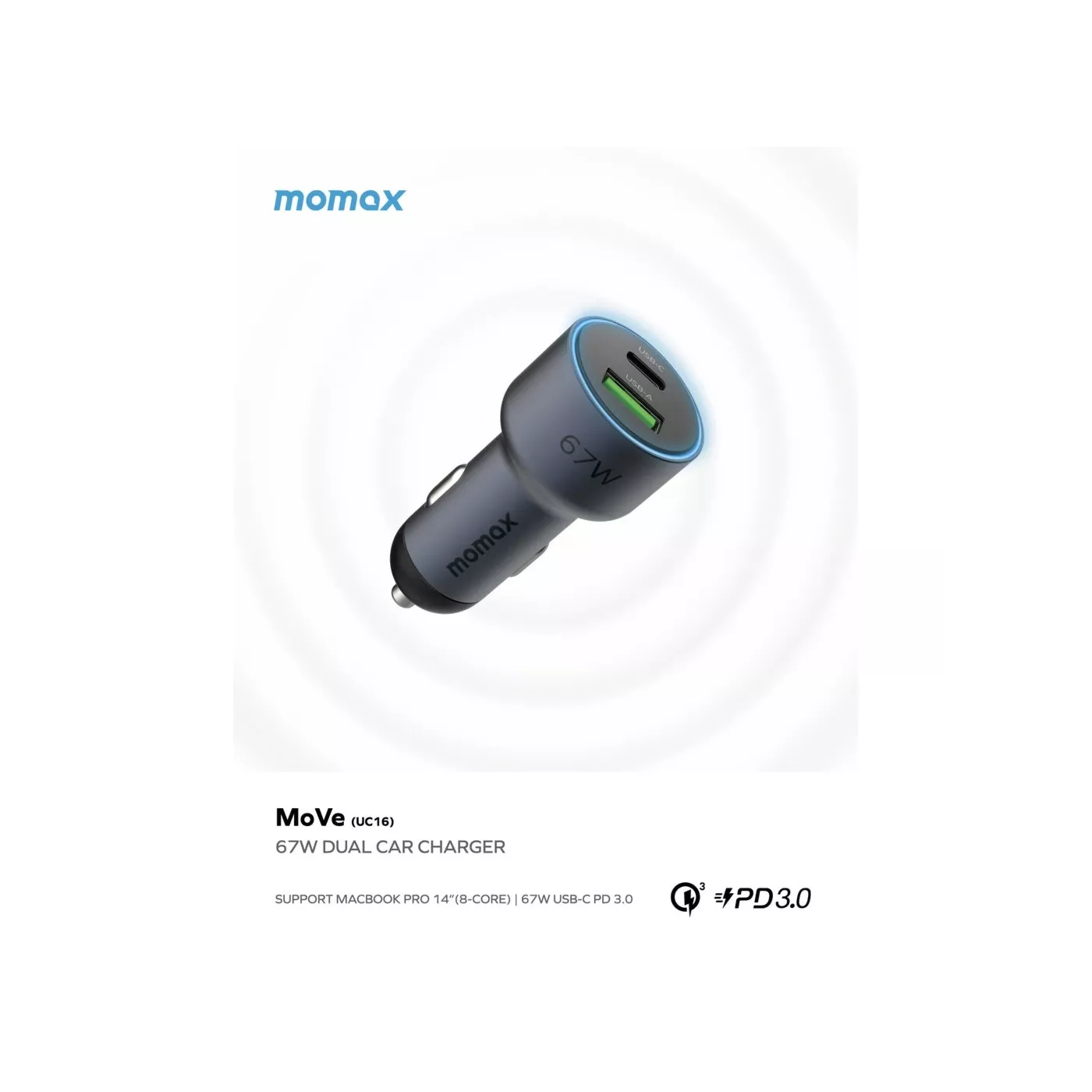 Momax Move Dual Port 67W Car Charger - Gray