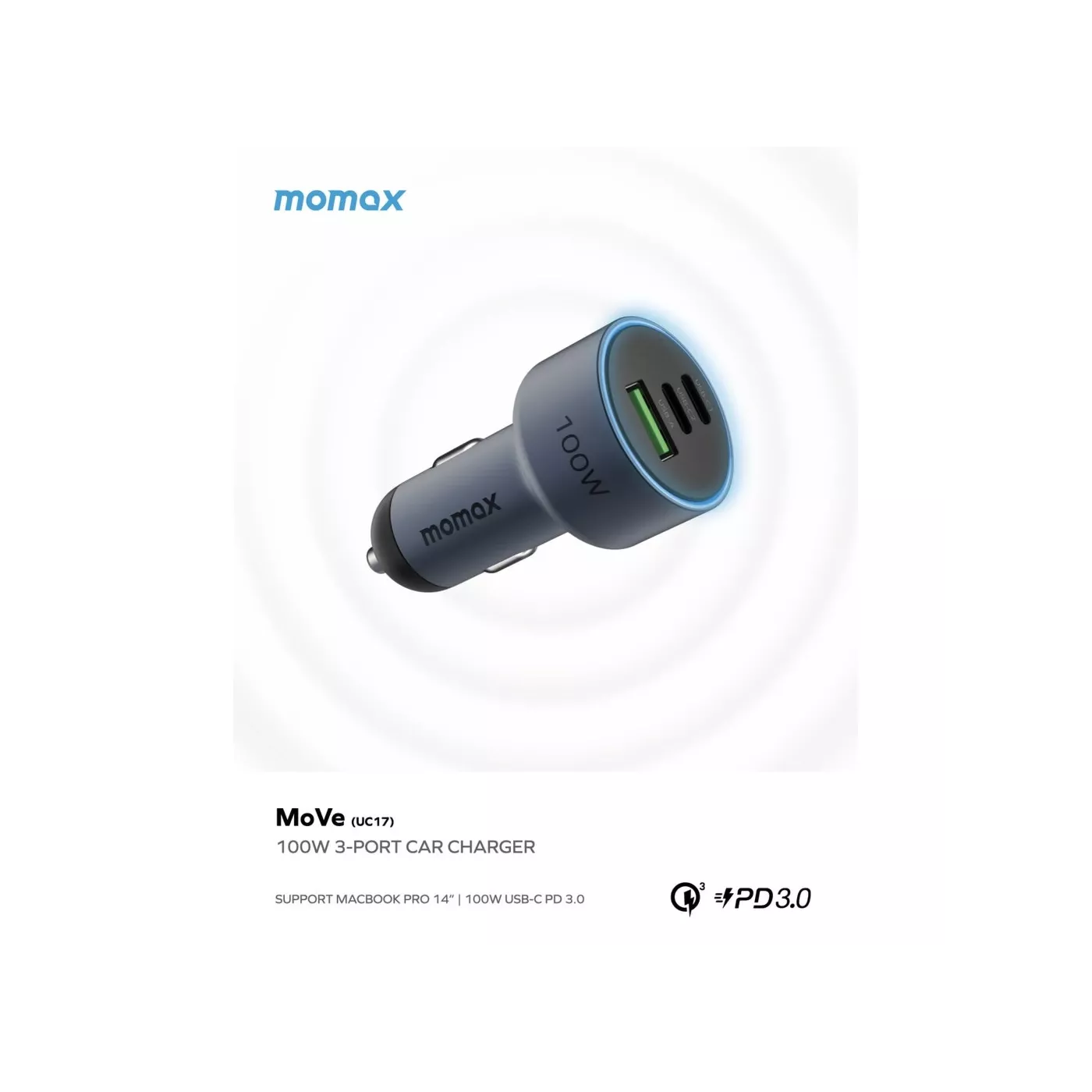 Momax Move 3-Port 100W Car Charger - Gray
