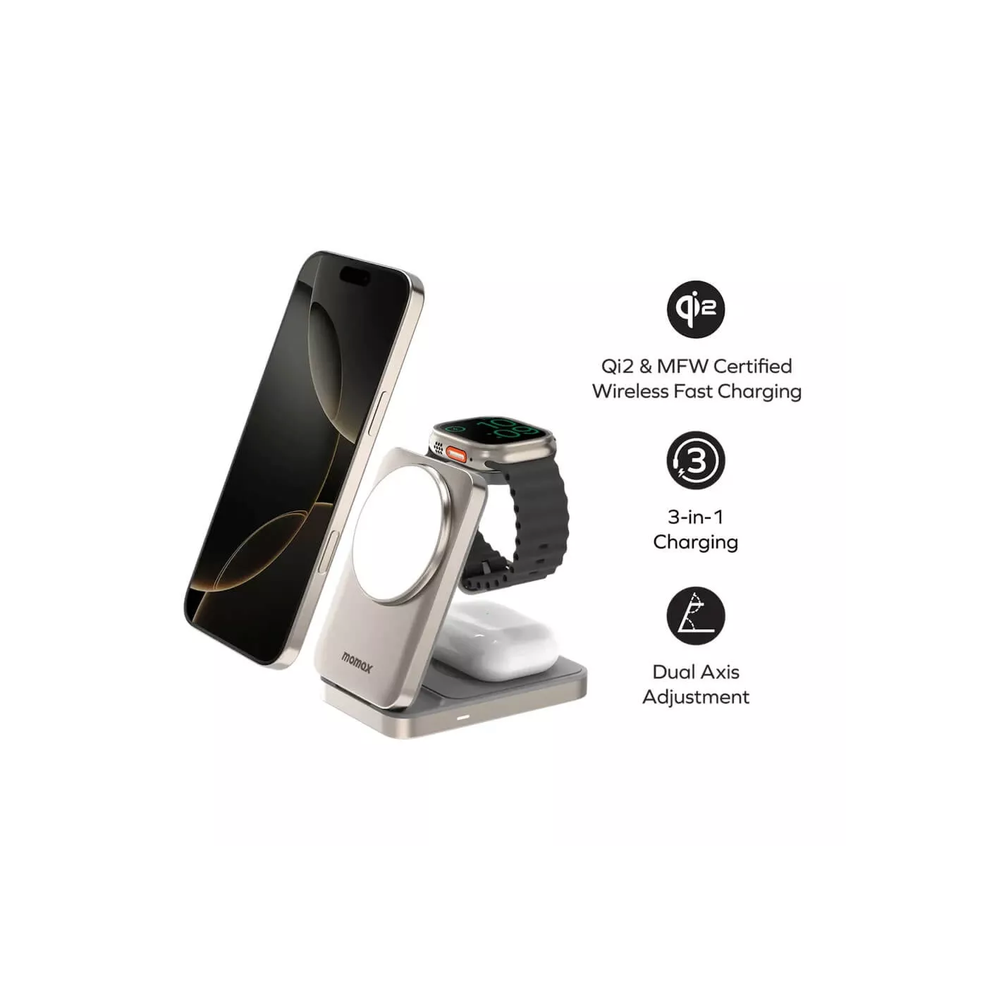 Momax 1 Charge Qi2 3in1 Magnetic Wireless Stand - Titanium
