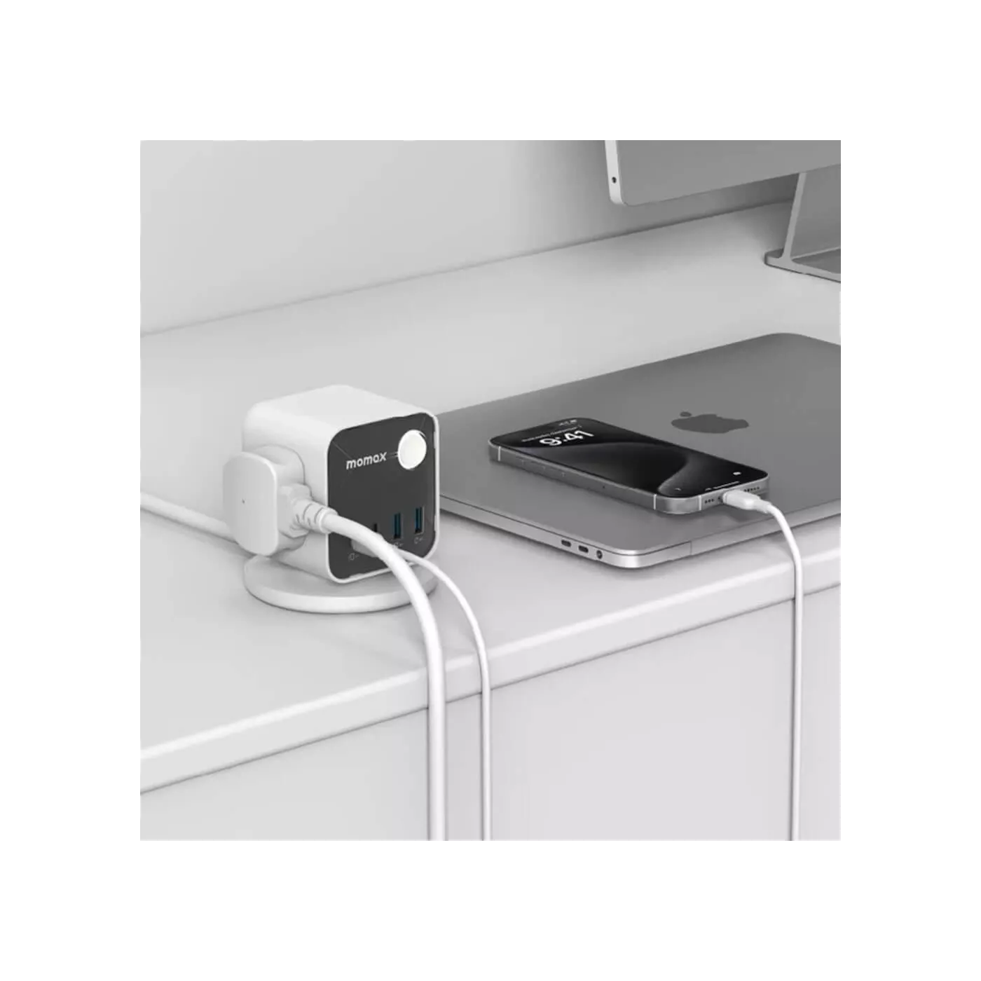 Momax 1 Charge Flow 3 Outlet Power Cube with USB - White