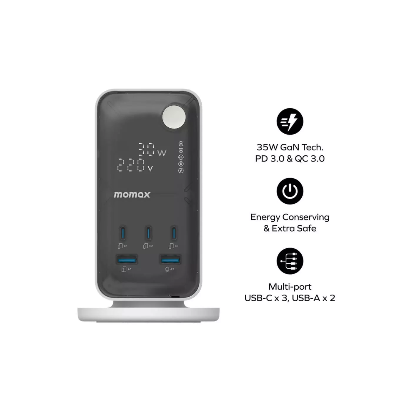 Momax 1 Charge Flow 6 Outlet Power Tower with USB - White