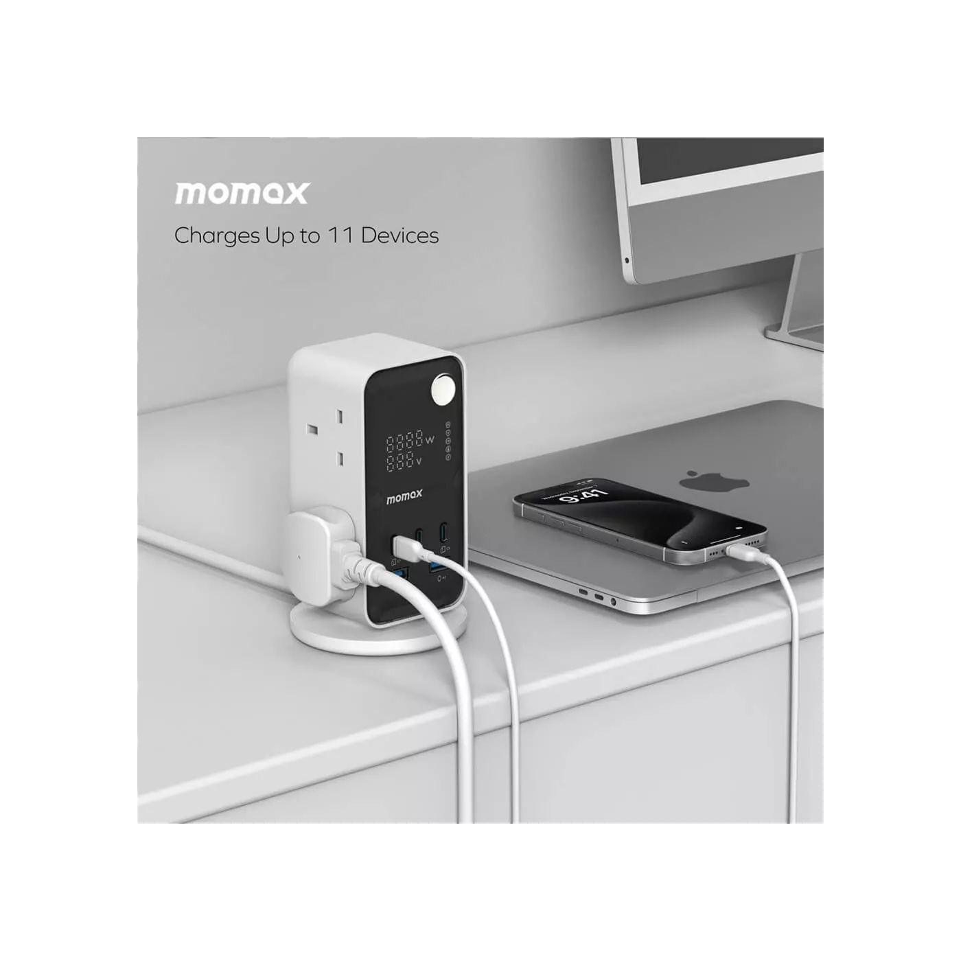 Momax 1 Charge Flow 6 Outlet Power Tower with USB - White