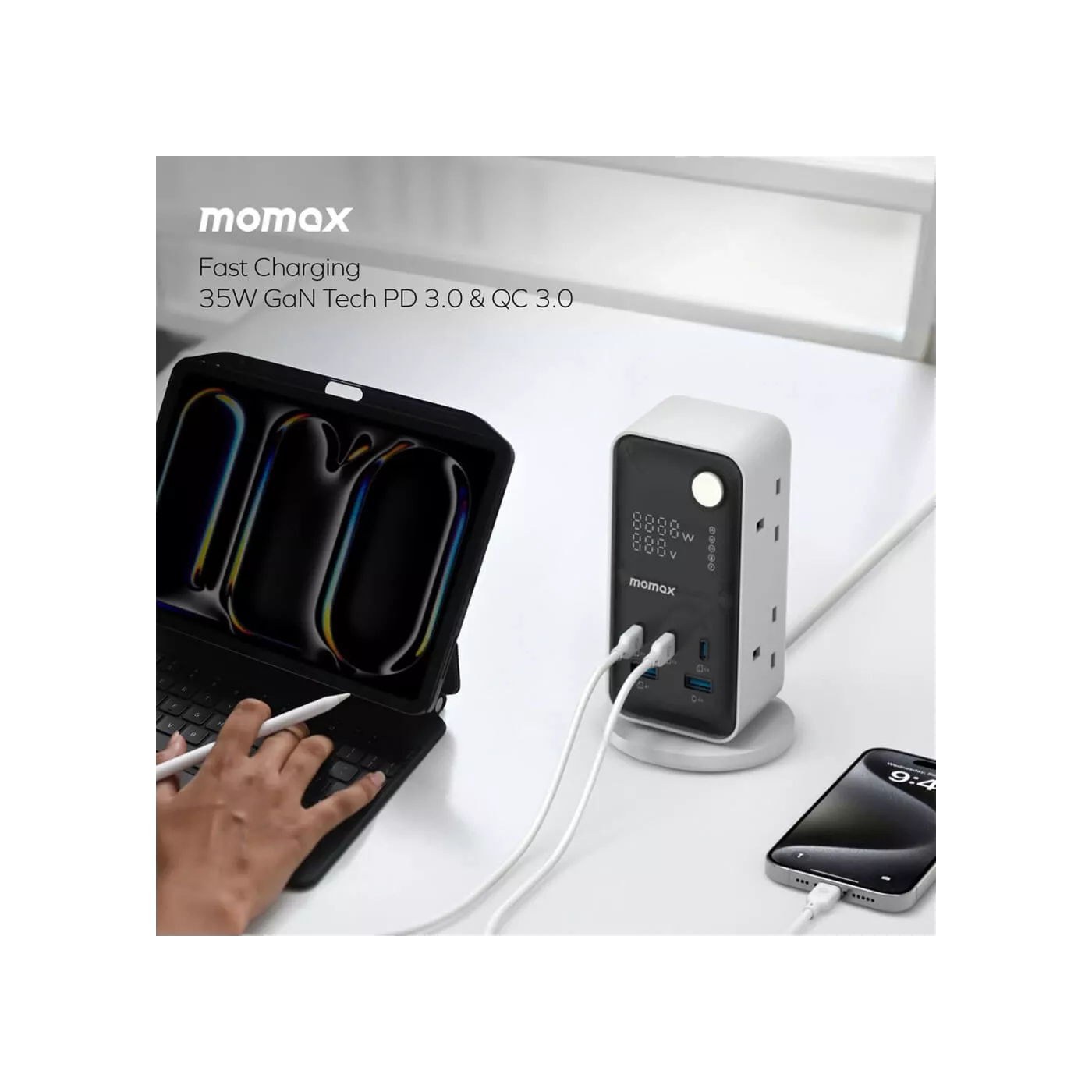 Momax 1 Charge Flow 6 Outlet Power Tower with USB - White