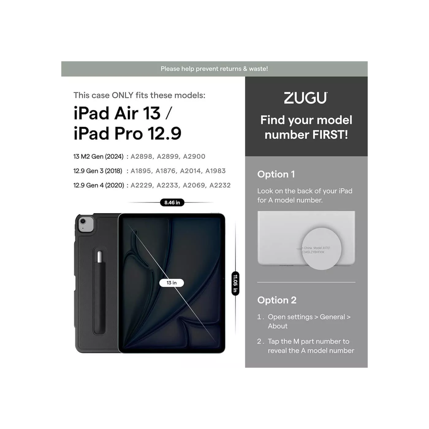 Zugu 13-inch iPad Air M2/12.9-inch iPad Pro Case - Black