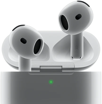 AirPods&nbsp;4 تطفو خارج العلبة، مع ظهور الضوء الأخضر على العلبة