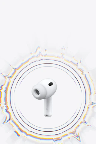 AirPods Pro 3 wireless earbud with silicone tip surrounded by circular sound ripple