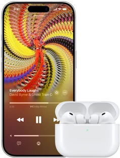 AirPods Pro 3 in MagSafe Charging Case, iPhone 17 Pro, Apple Music plays Everybody Laughs by David Byrne and Ghost Train Orchestra