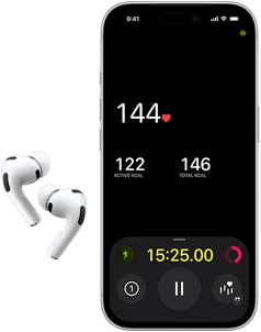 AirPods Pro 3, lower half of iPhone 17 Pro screen, Fitness app displaying heart rate