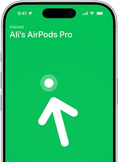 iPhone 17 Pro, Find My with Precision Finding screen, text: Matias's AirPods Pro