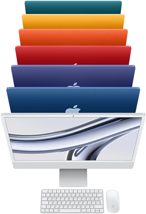 لقطة علوية لسبعة أجهزة iMac باللون الفضي والأزرق والليلكي والوردي والبرتقالي والأصفر والأخضر.