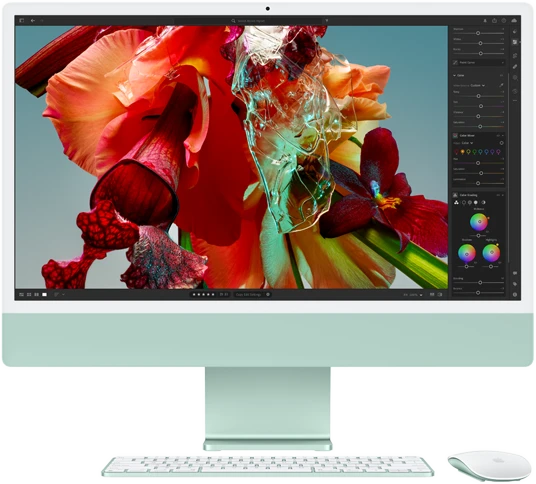 شاشة iMac تعرض زهرة مفعمة بالألوان في تطبيق Adobe&nbsp;Lightroom لإظهار ما تتمتع به شاشة ريتنا&nbsp;4.5K من ألوان ووضوح